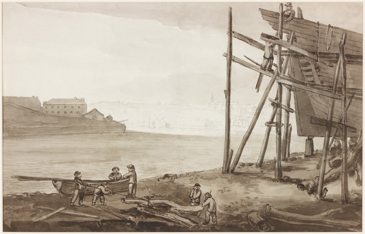 Construtores de barcos no Tyne, 1820 (lápis e lavagem (marrom) no papel) de English School