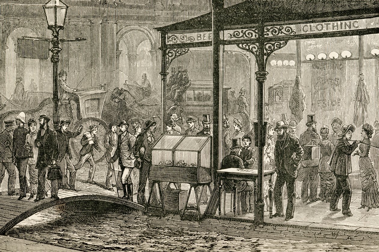 Bourke Street, Melbourne, Austrália, em uma noite de sábado no século 19, de "The World Inhabitants", de GT Bettany, publicado em 1888 de English School