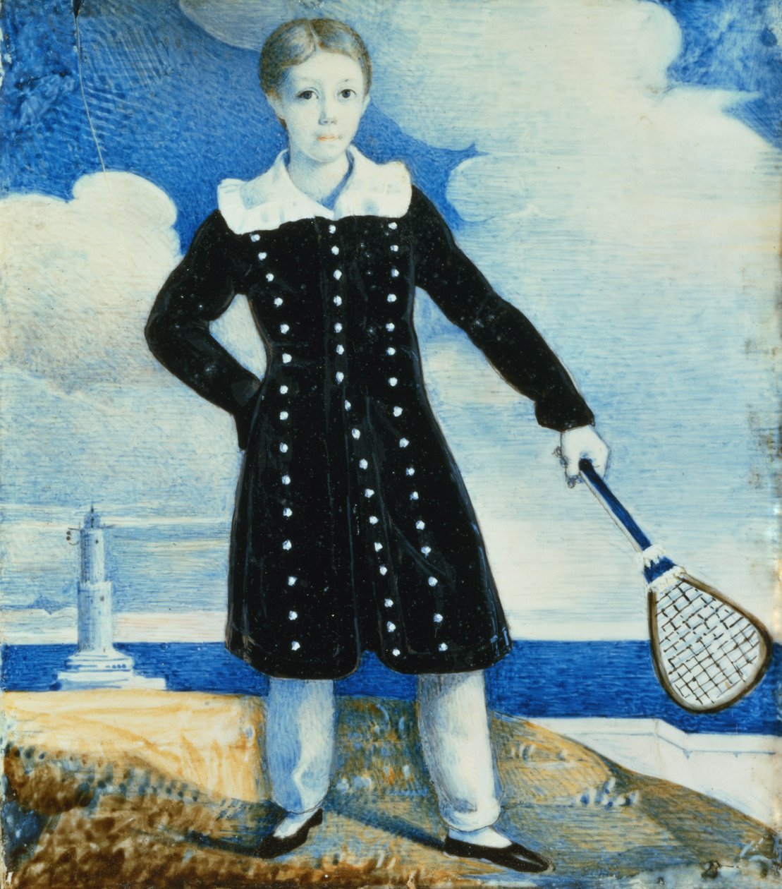 Menino, com, badminton, raquete, (wc, ligado, card) de English School