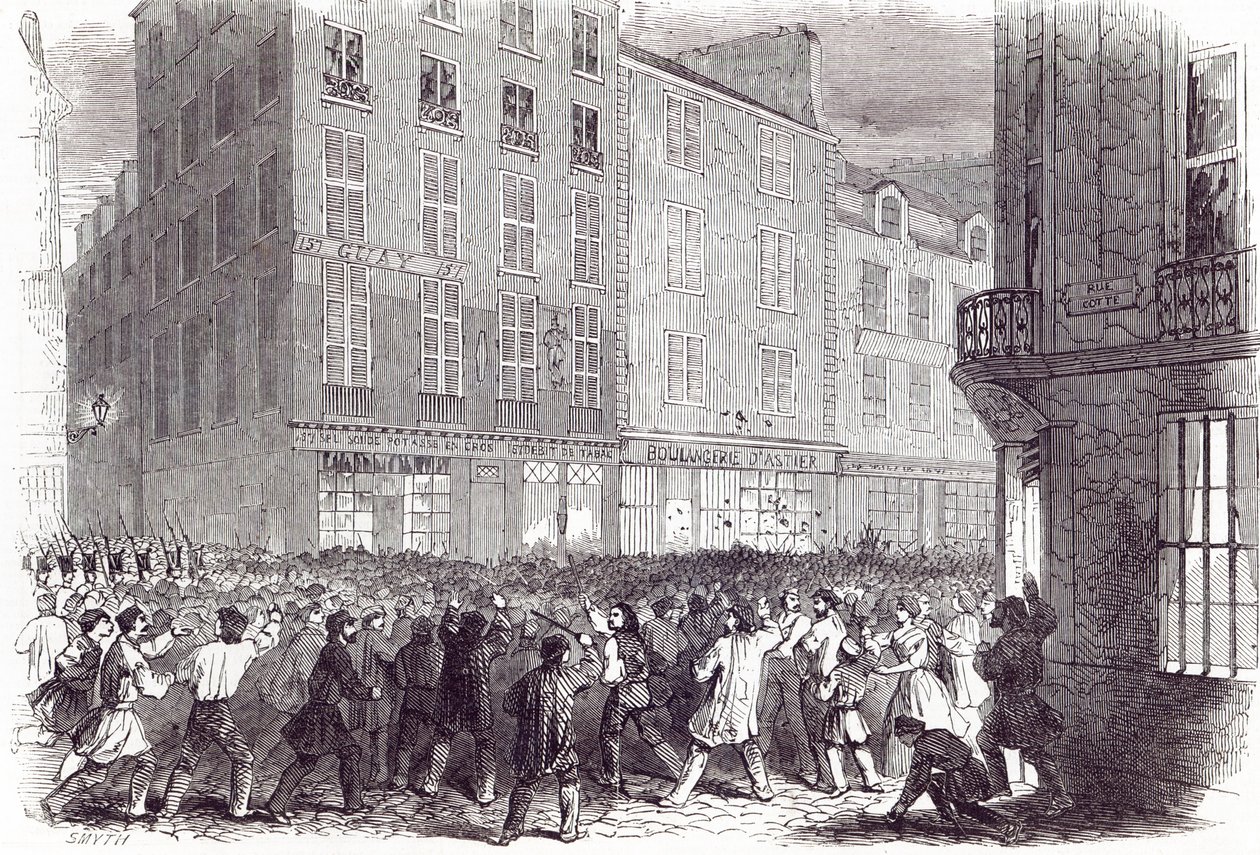 Bread Riot, na Rue du Faubourg St. Antoine, em Paris, de "The Illustrated London News", 10 de outubro de 1846 de English School