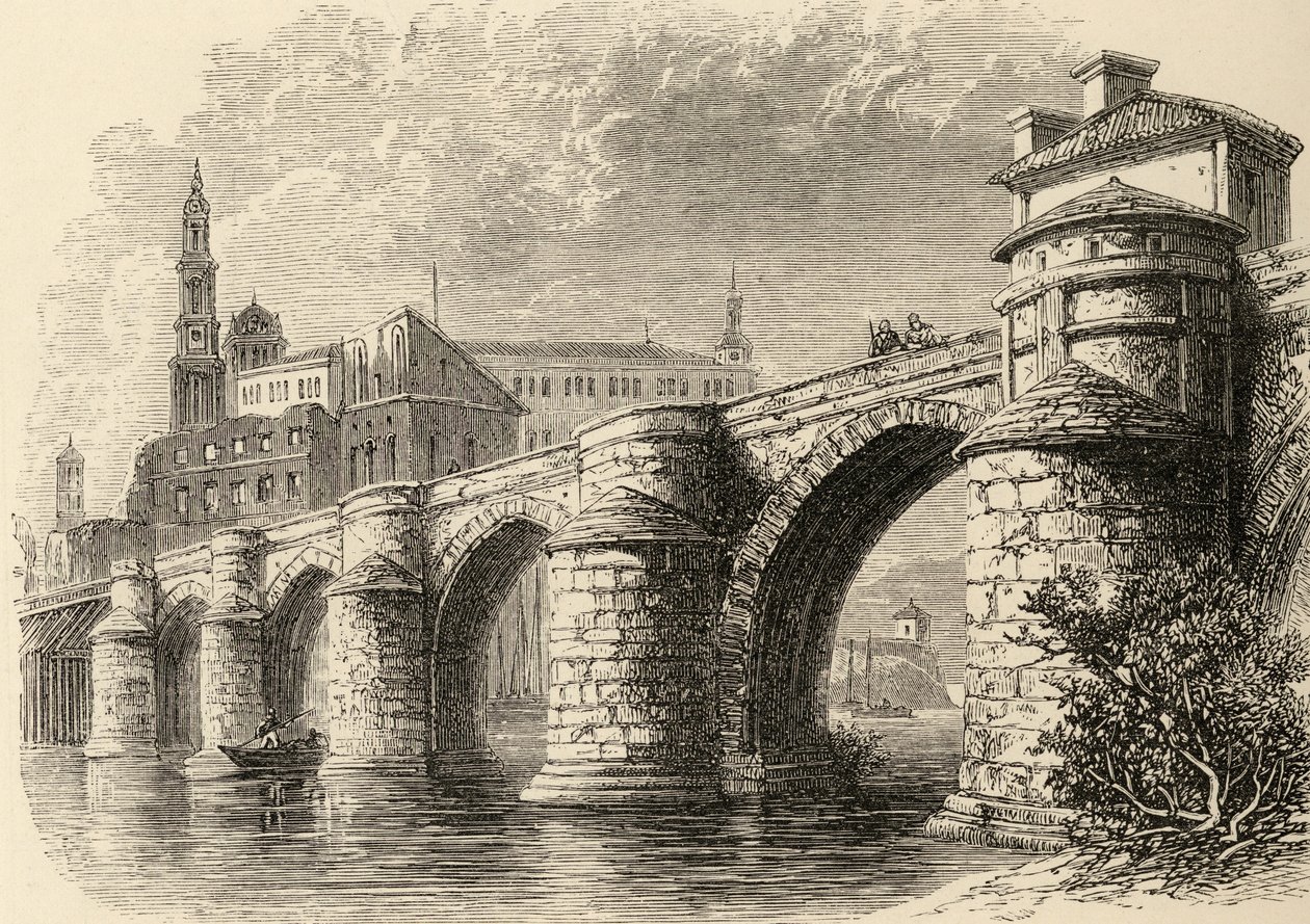 Ponte em Saragoça, Espanha, de &39;espanhol Pictures&39; pelo reverendo Samuel Manning, publicado em 1870 de English School