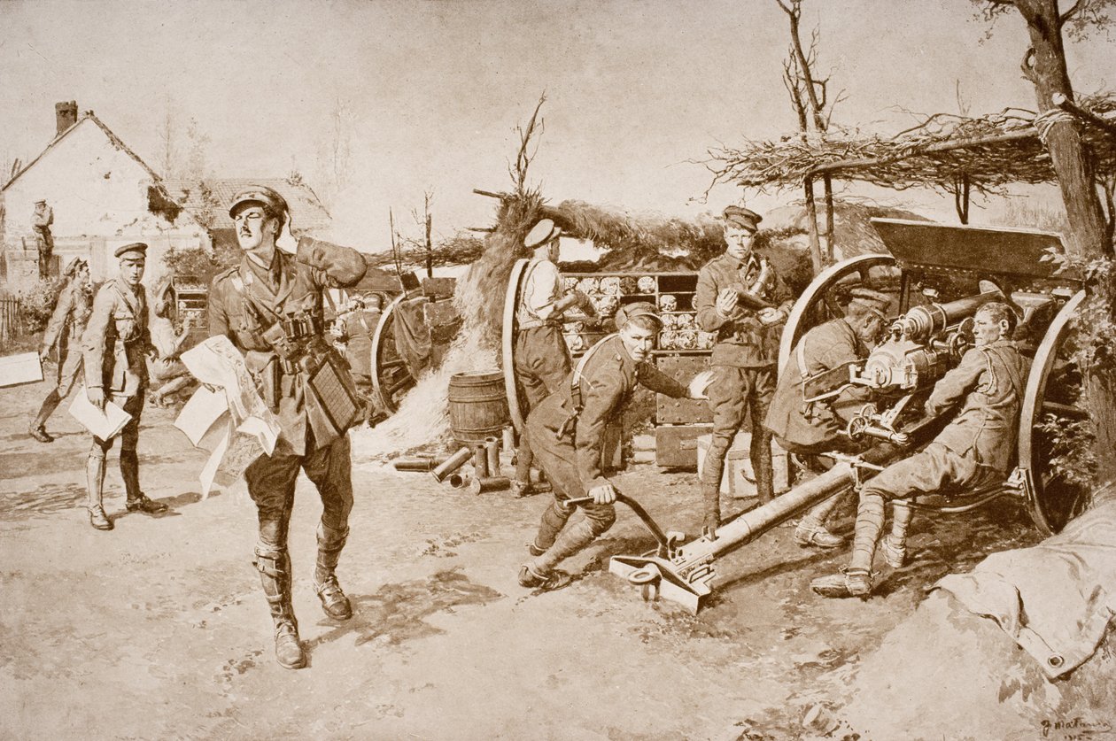 Unidades de artilharia britânica equipando armas na frente de English School