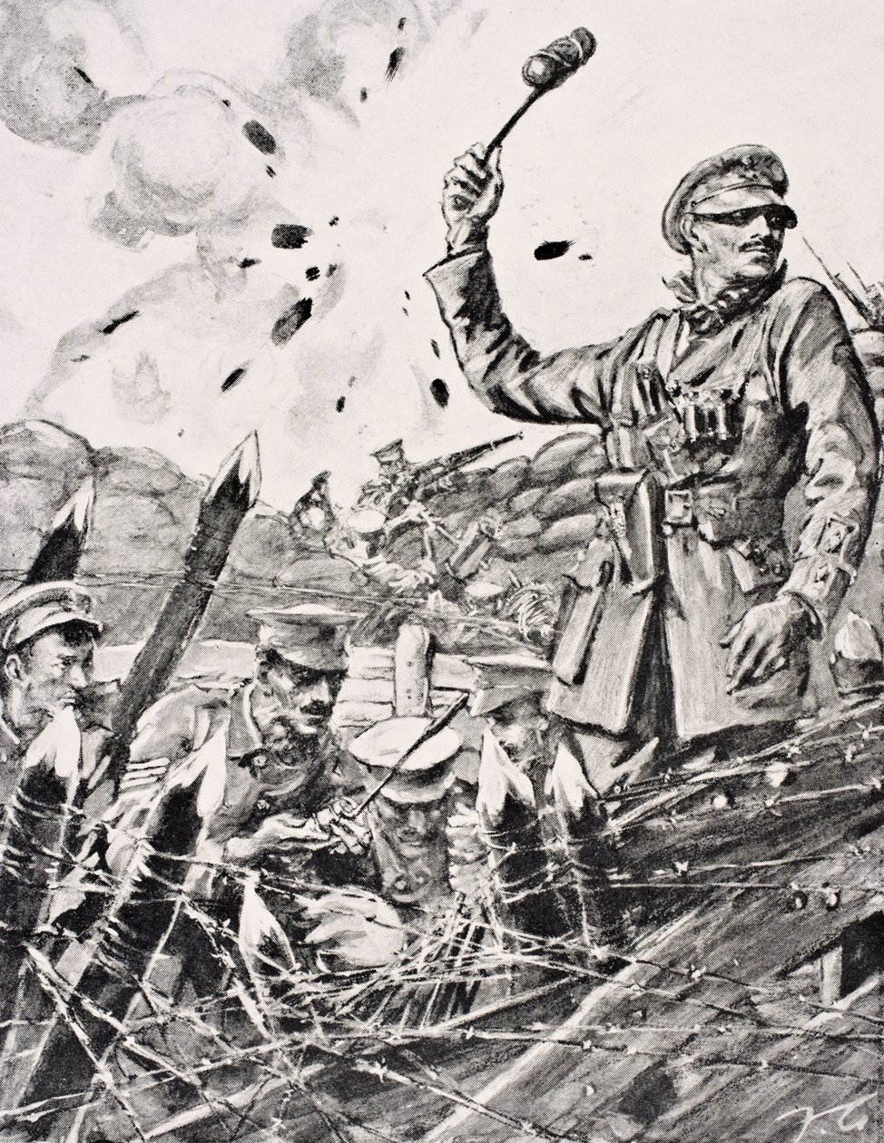 Oficial britânico lançando granadas de trincheira no ataque aos alemães, de &39;The War Illustrated Album deLuxe&39;, publicado em Londres, 1916 de English School