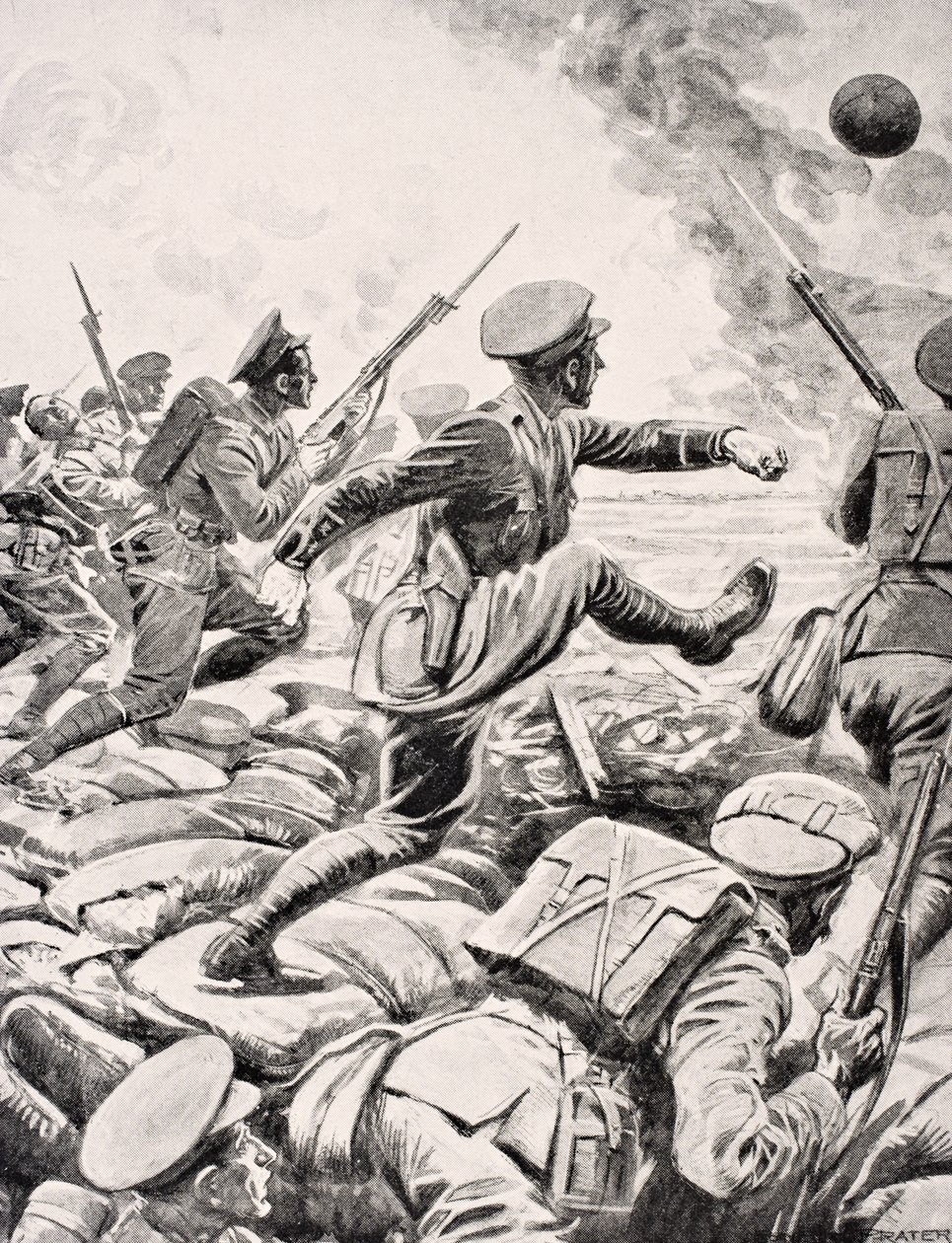 Oficial britânico chuta futebol para linhas alemãs para inspirar seu pelotão a cobrar com ele, de &39;The War Illustrated Album deLuxe&39;, publicado em Londres, 1916 de English School