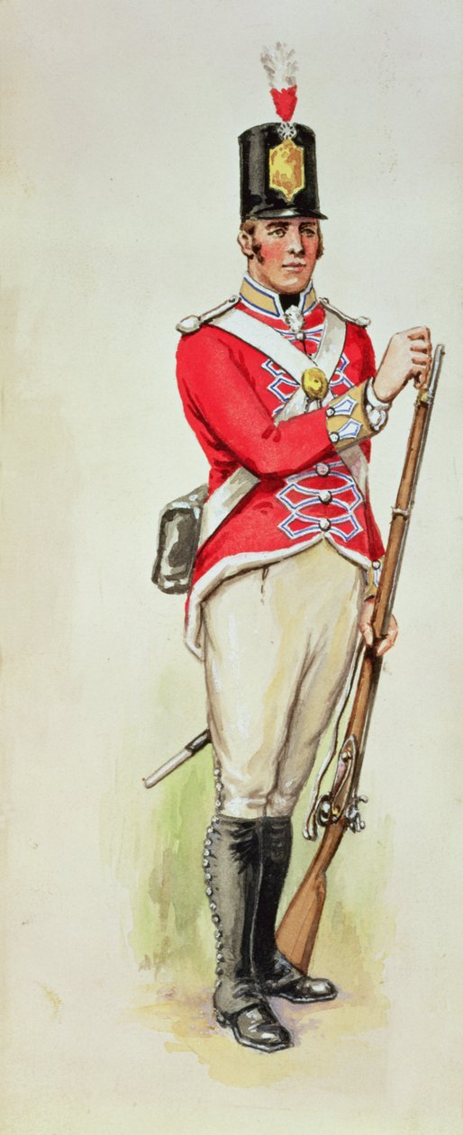 Soldado britânico em tempos napoleônicos carregando um mosquete de English School