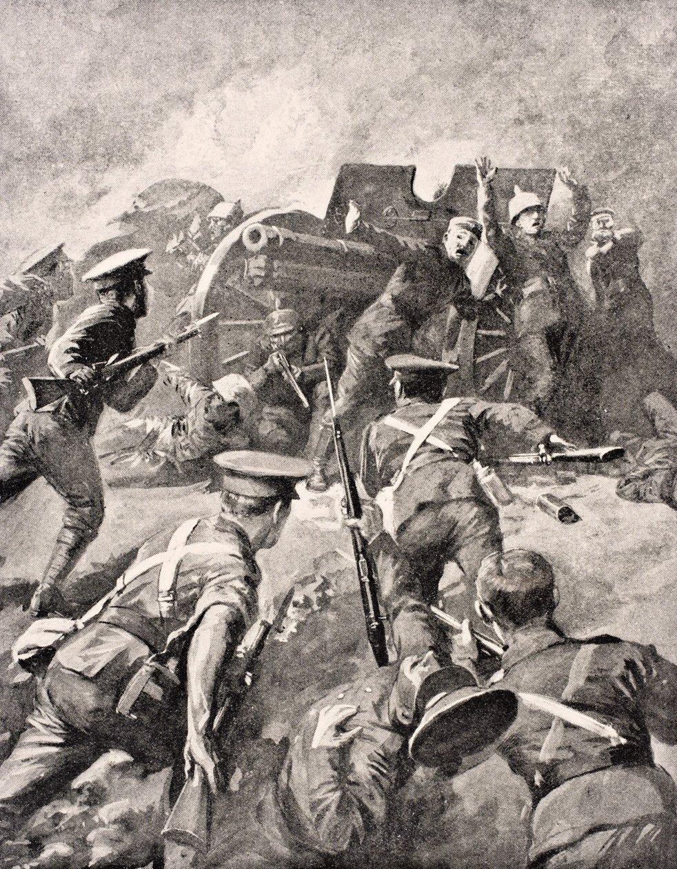 Soldados britânicos baioneta acusam artilheiros alemães, de &39;The War Illustrated Album deLuxe&39;, publicado em Londres, 1916 de English School
