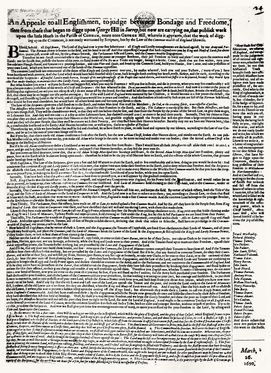 Apelo de Broadsheet para Diggers, publicado em 1650 de English School
