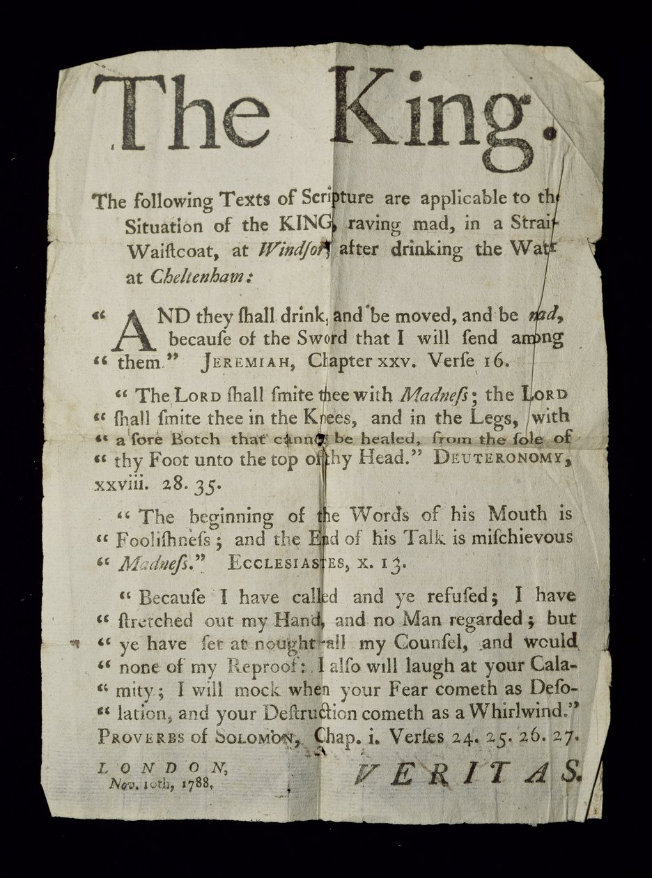 Broadsheet discutindo a loucura do rei George III, 1788 (impressão de notícias) de English School