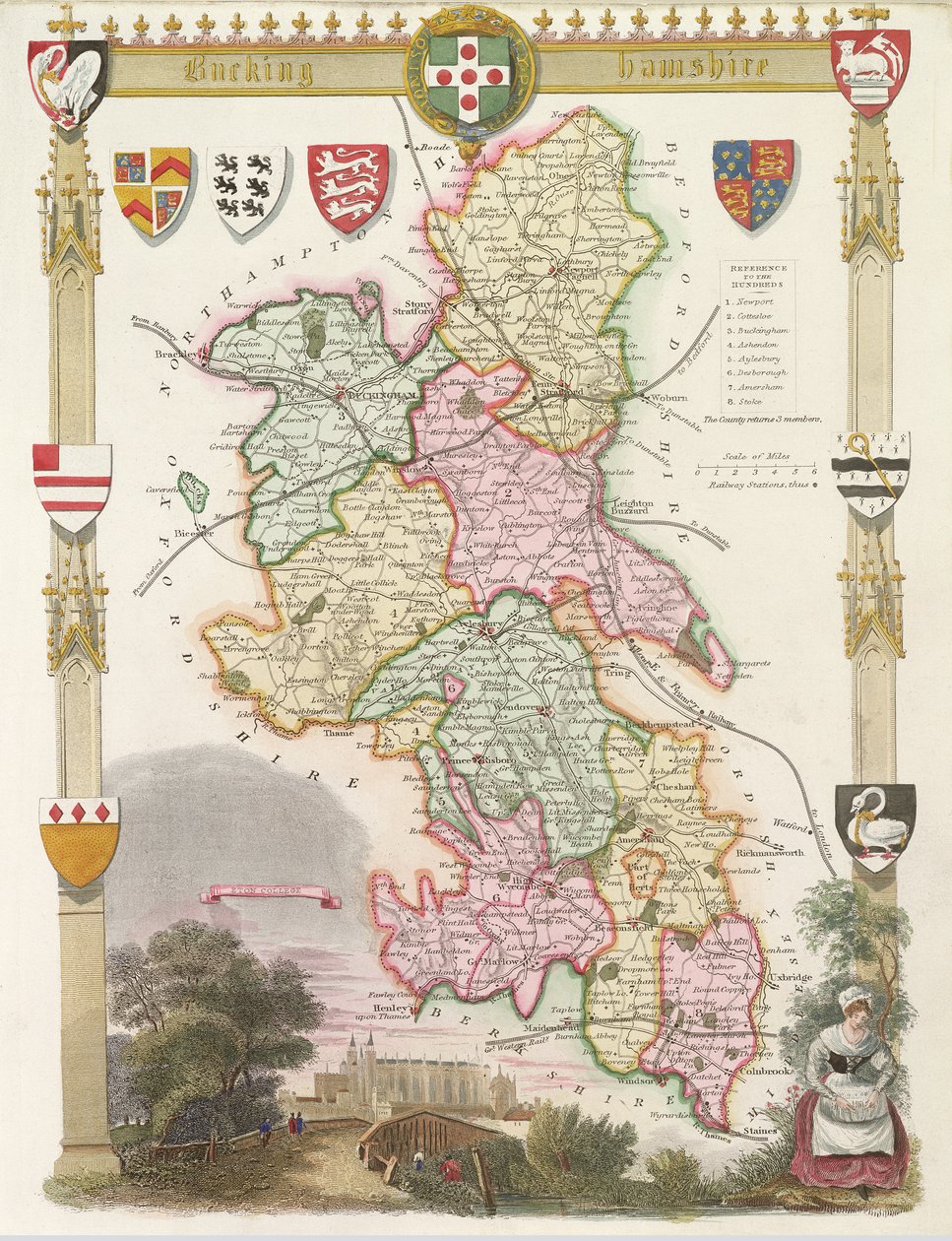 Buckinghamshire com ilustrações de Eton College Chapel (gravura colorida à mão) de English School