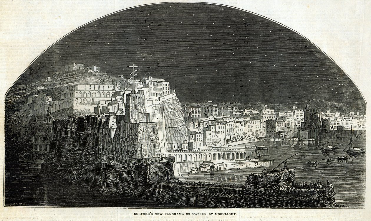 O Novo Panorama de Nápoles de Burford por Moonlight, de &39;The Illustrated London News&39;, 11 de janeiro de 1845 de English School