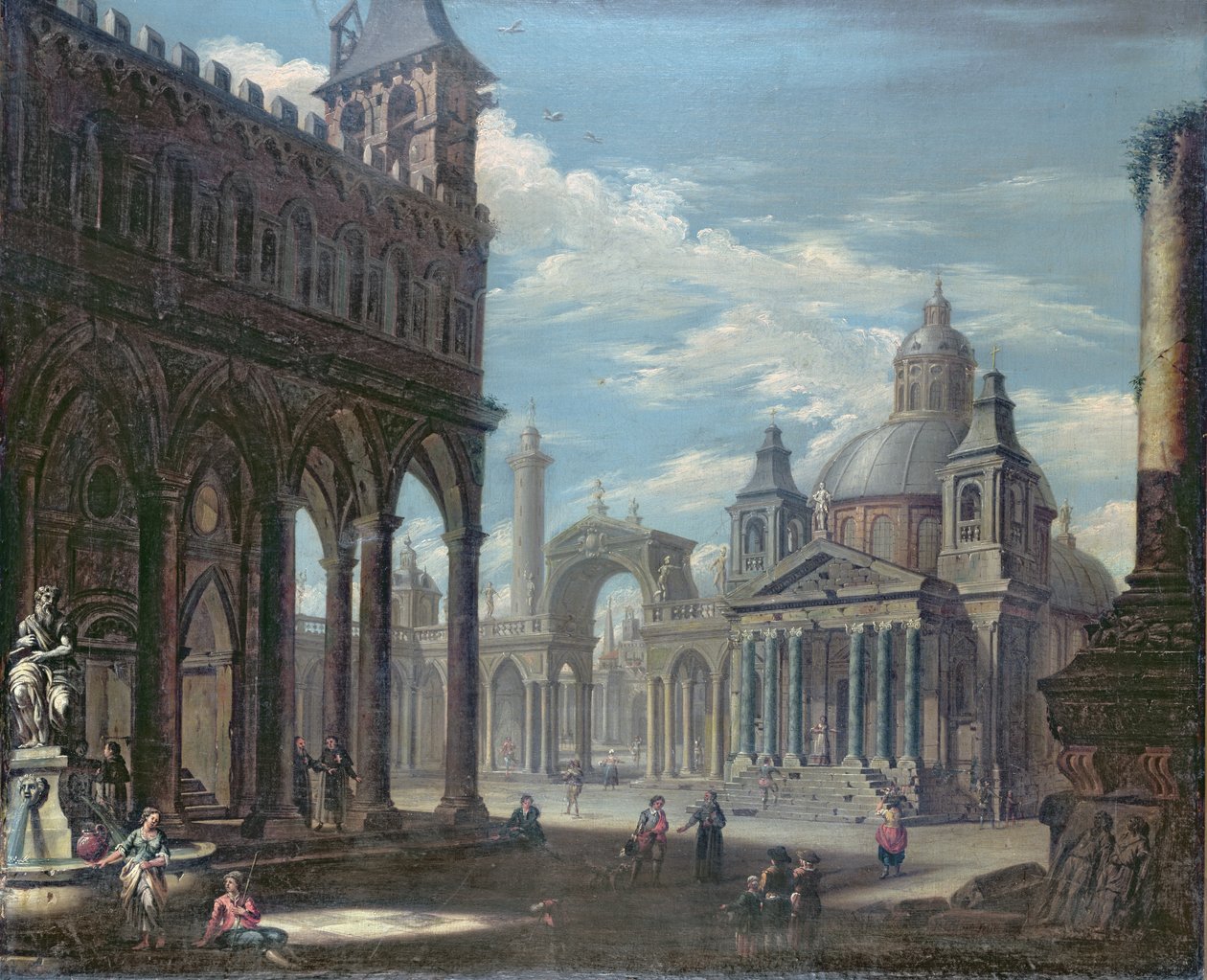 Capricho de uma praça com edifícios góticos, romanos e barrocos de English School