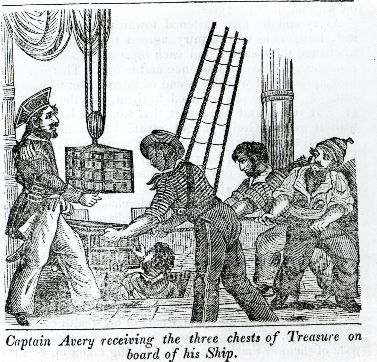 Capitão Avery recebendo três baús de tesouro a bordo de sua nave, ilustração de &39;Book of Pirates&39; 1837 de English School