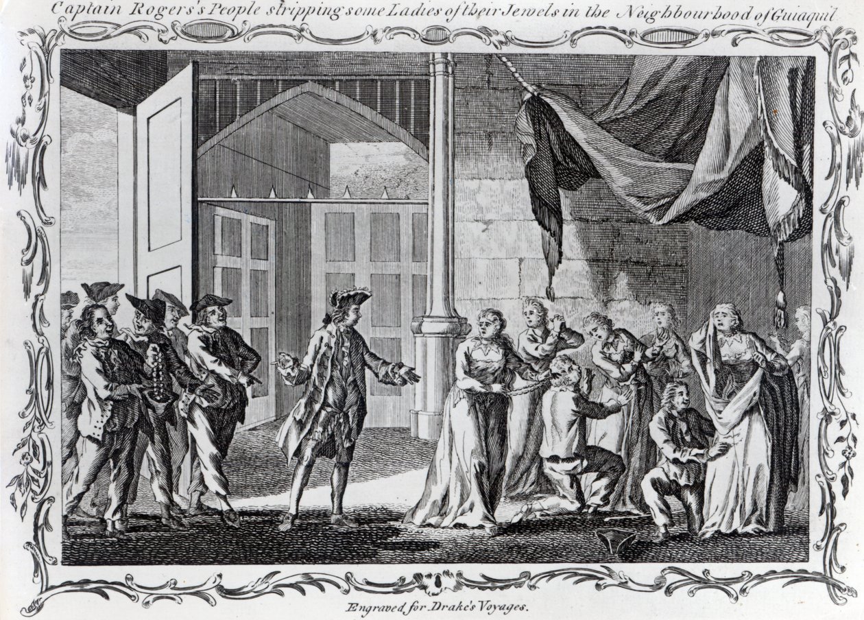 Povo do capitão Rogers tirando algumas senhoras das suas jóias no bairro de Guiaquil, 1765 de English School