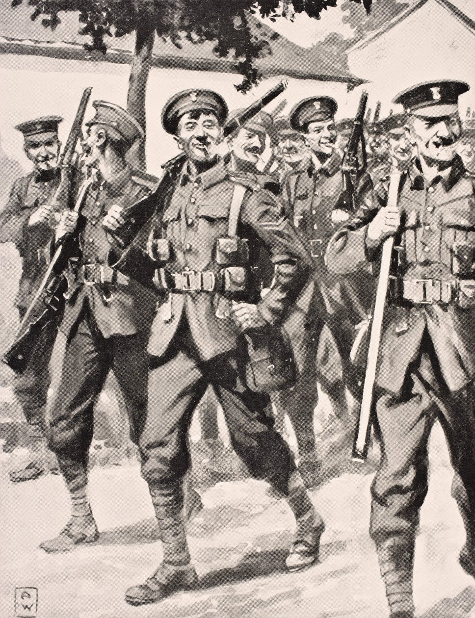 Caricatura-como desenho de tropas britânicas confiantes em caminho para a linha de frente Western Front, 1915, de &39;The War Illustrated Album deLuxe&39;, publicado em Londres, 1916 de English School