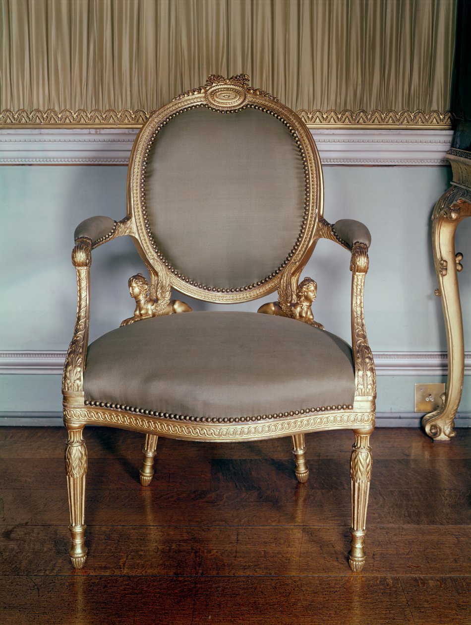 Poltrona esculpida com guilhoché; Projeto Adams para uma cadeira para o quarto em Osterley, 1777 (madeira dourada) de English School