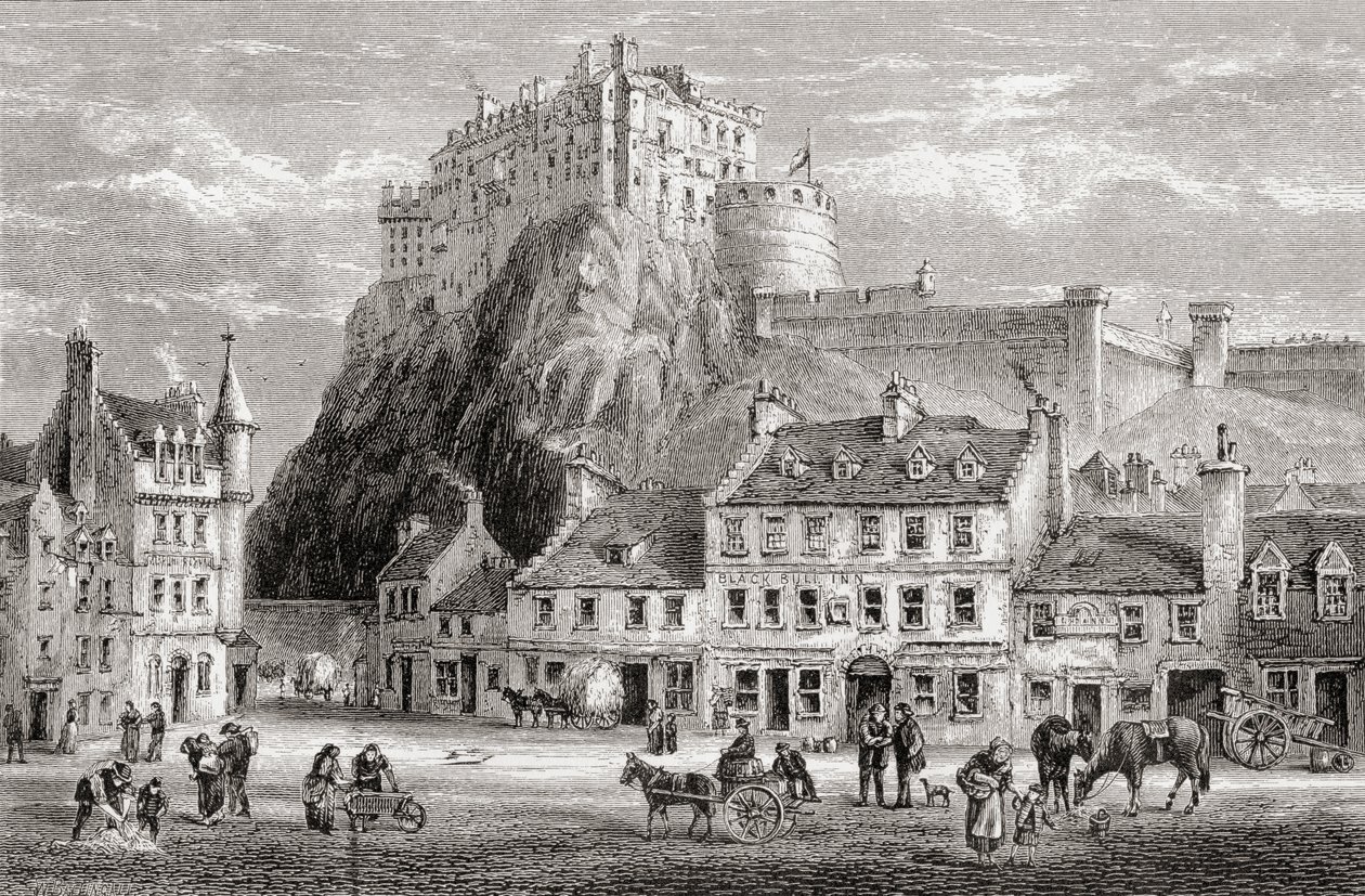 Castelo e Grassmarket, Edimburgo, Escócia, de "Scottish Pictures desenhados com caneta e lápis", por Samuel G. Green, publicado em 1886 de English School