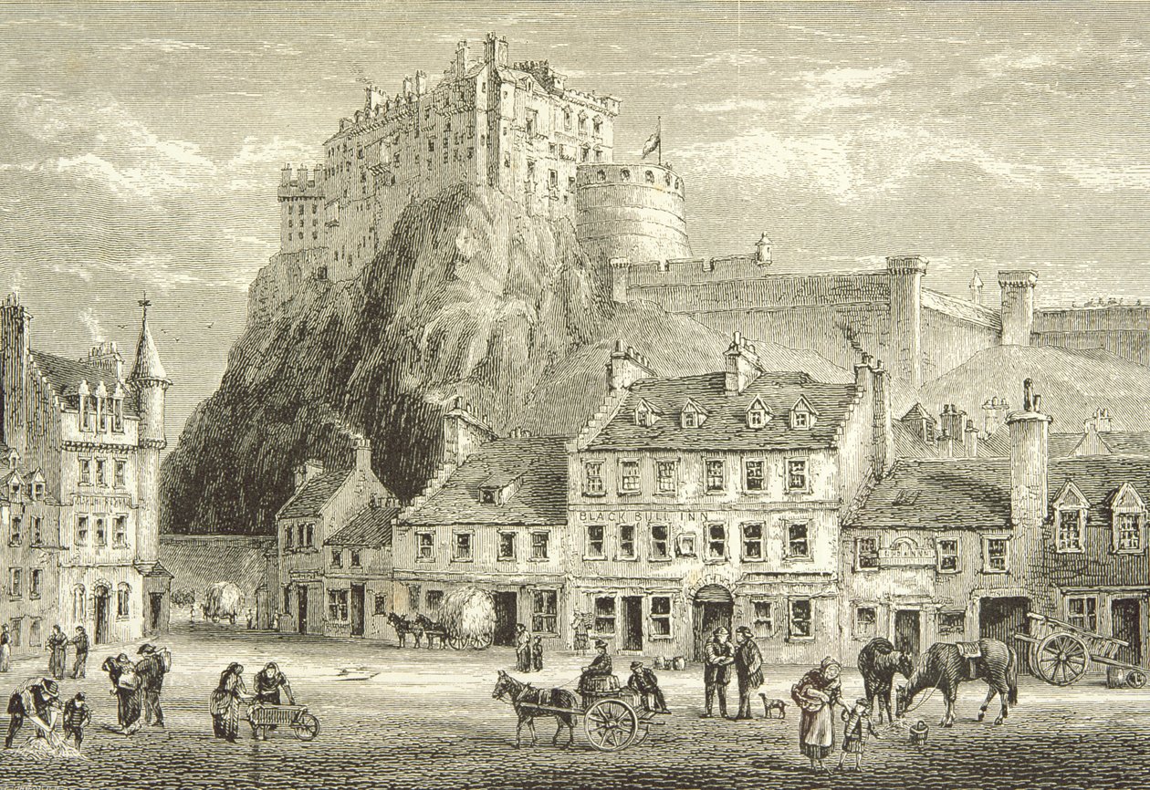 Castelo e Grassmarket, Edimburgo em c.1880, de &39;Scottish Pictures&39; publicado pela Sociedade de Tratados Religiosos, 1886 de English School