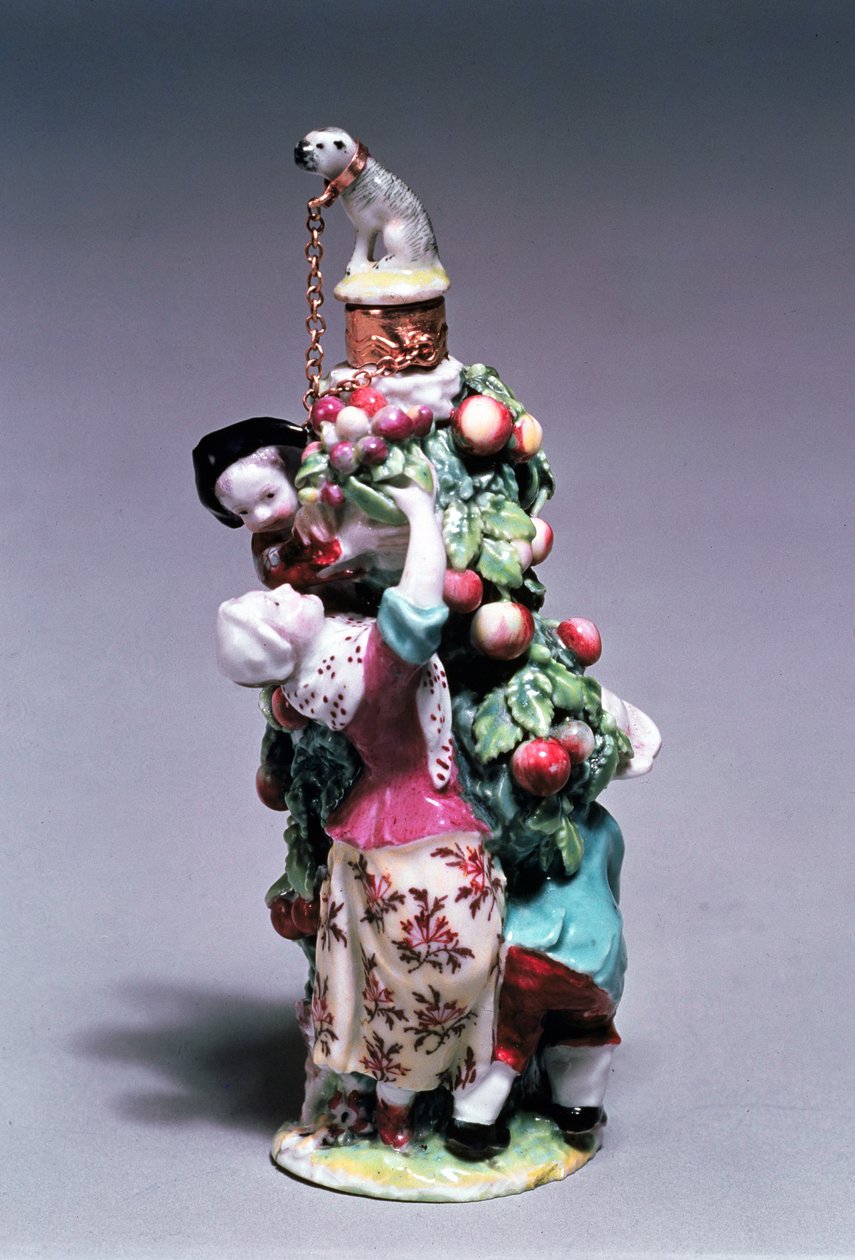 Garrafa de perfume Chelsea mostrando uma mãe e filhos colhendo frutas, período de âncora de ouro, 1758-69 (porcelana) de English School