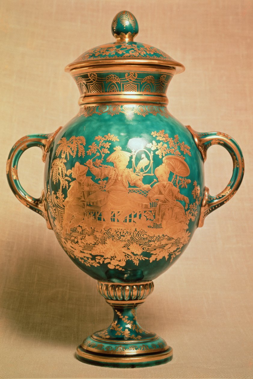 Vaso de Chelsea e tampa com design de chinoiserie dourada, período de âncora de ouro (1758-69) de English School