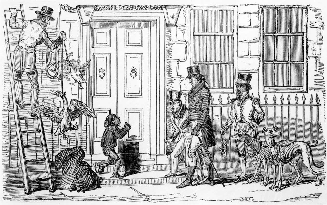 Chaminé Varrendo com Gansos, ilustração de "O Amigo do Varredor da Chaminé e o Álbum do Menino Escalando", de James Montgomery, publicado em 1825 de English School