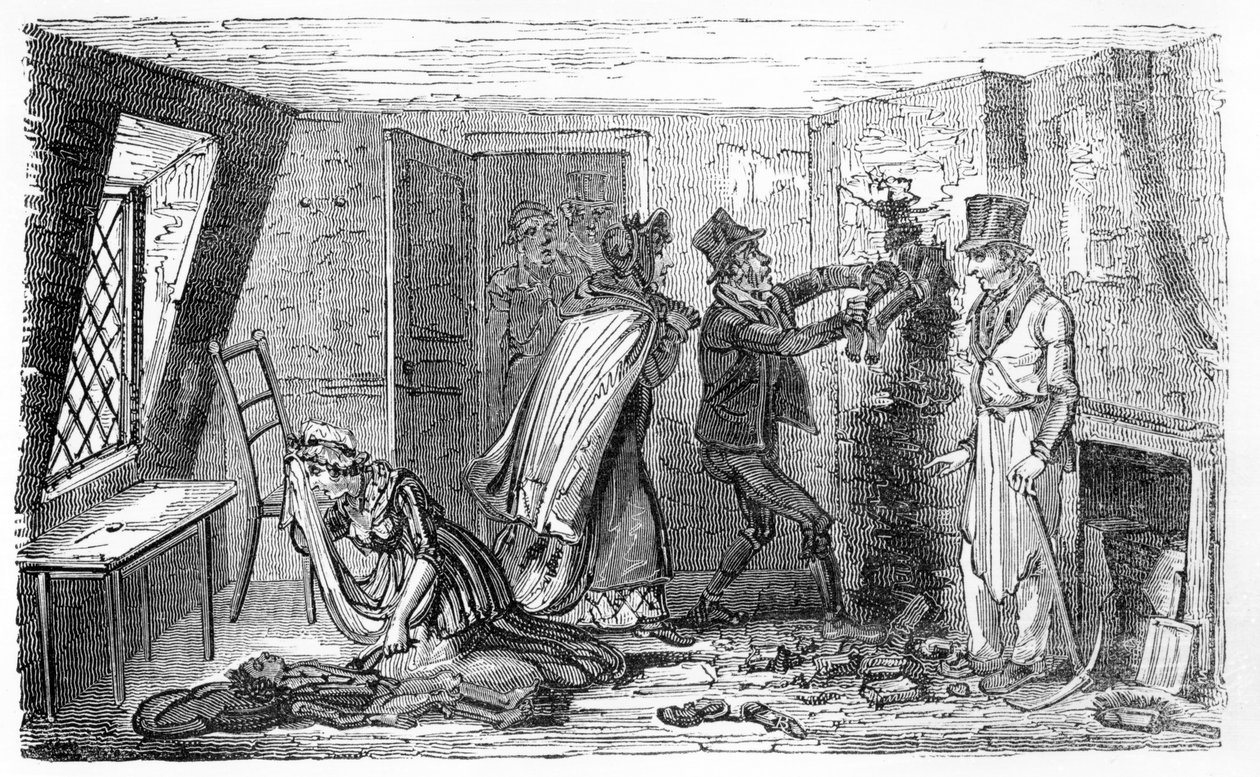 Meninos de varais de chaminé presos em uma chaminé, ilustração de &39;O amigo do varredor de chaminé e álbum do rapaz de escalada&39; por James Montgomery, publicado em 1825 de English School