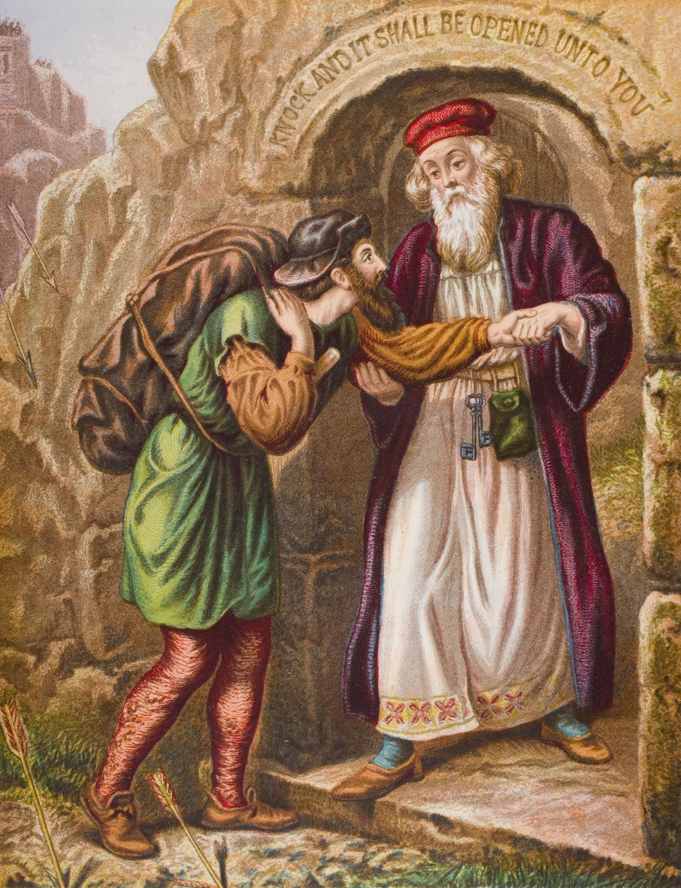 Chegada de Christian no Portão Wicket, ilustração de &39;The Pilgrim&39;s Progress&39; por John Bunyan (1628-88) de English School