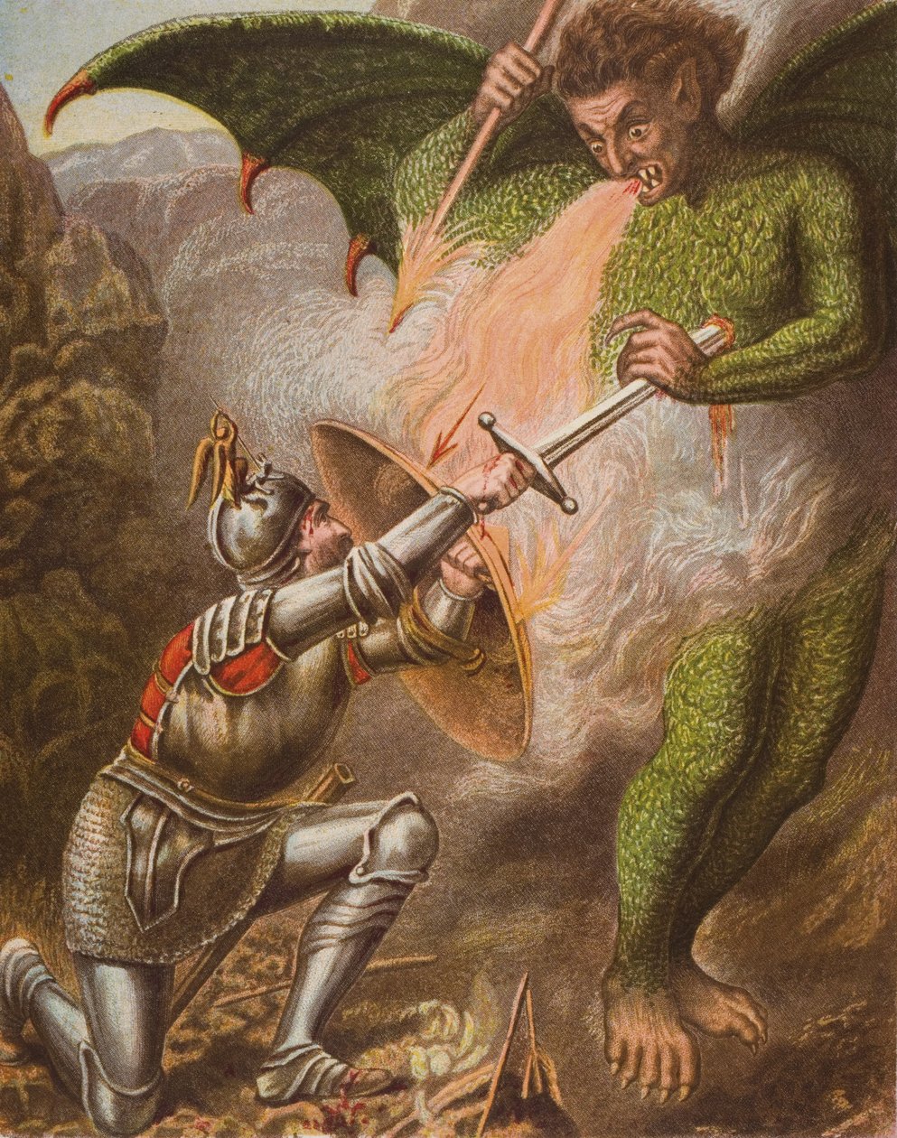 O conflito de Christian com Apollyon, ilustração de "The Pilgrim&39;s Progress", de John Bunyan (1628-88) de English School