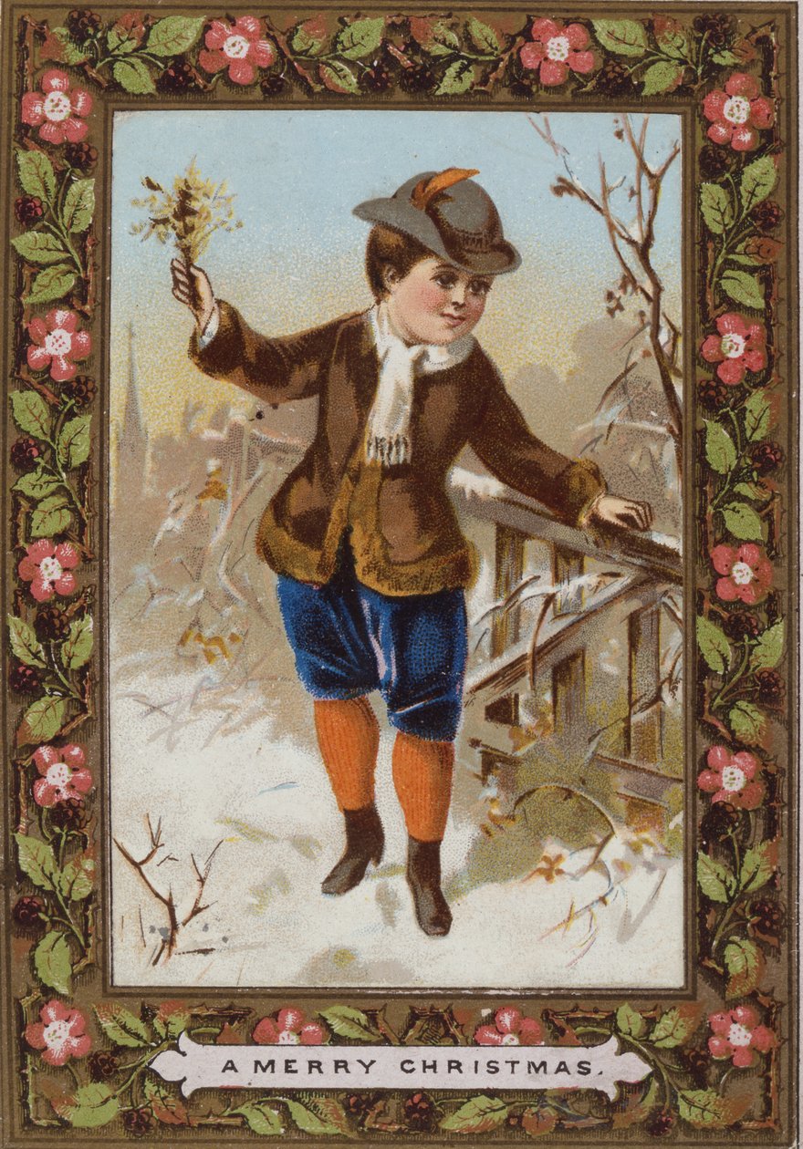 Cartão de Natal, retratando um menino andando na neve de English School
