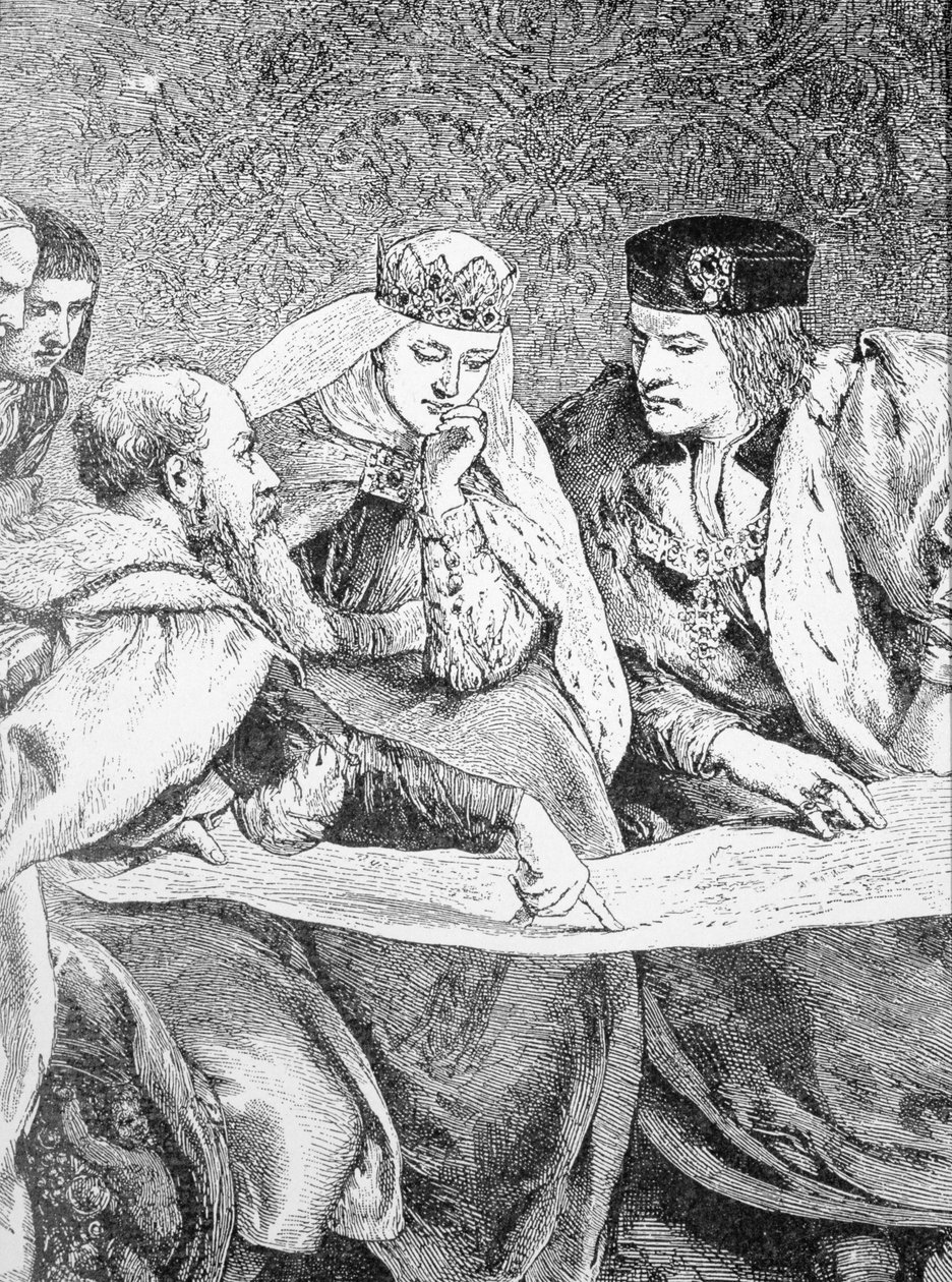 Cristóvão Colombo (1451-1506) descreve sua viagem às Américas para o rei Fernando II (1452-1516) e a rainha Isabel (1451-1504) de English School