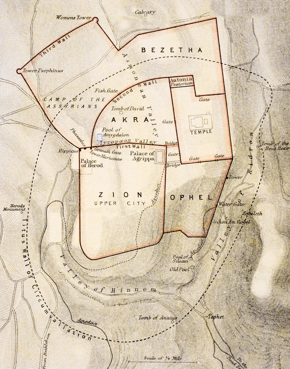 Mapa da cidade da antiga Jerusalém, do Atlas dos Cidadãos do Mundo, publicado em Londres, c.1899 de English School