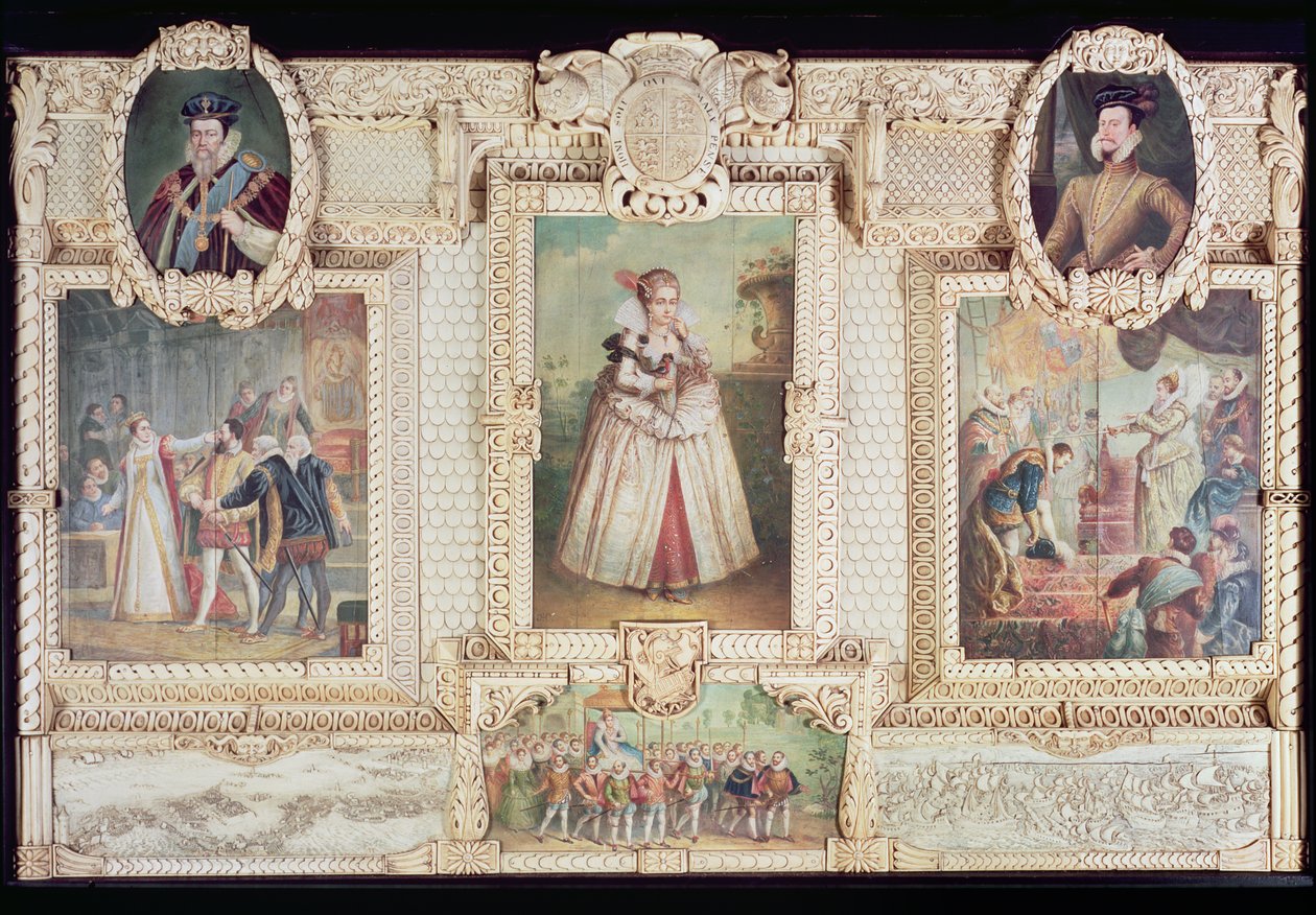 Coleção de seis miniaturas representando a rainha Elizabeth I, figuras e cenas de sua vida de English School