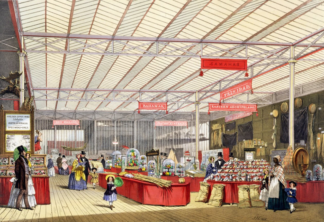 Produto Colonial na Grande Exposição de 1851, da Dickinsons Comprehensive Pictures (litografia colorida) de English School
