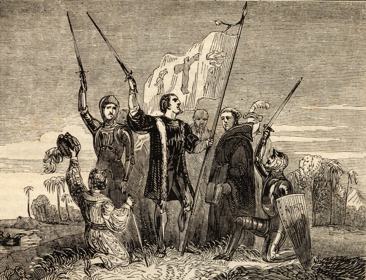 Columbus (1451-1506) Taking Possession, ilustração de "Contos de Viajantes ou Uma Visão do Mundo", publicada em 1838 de English School