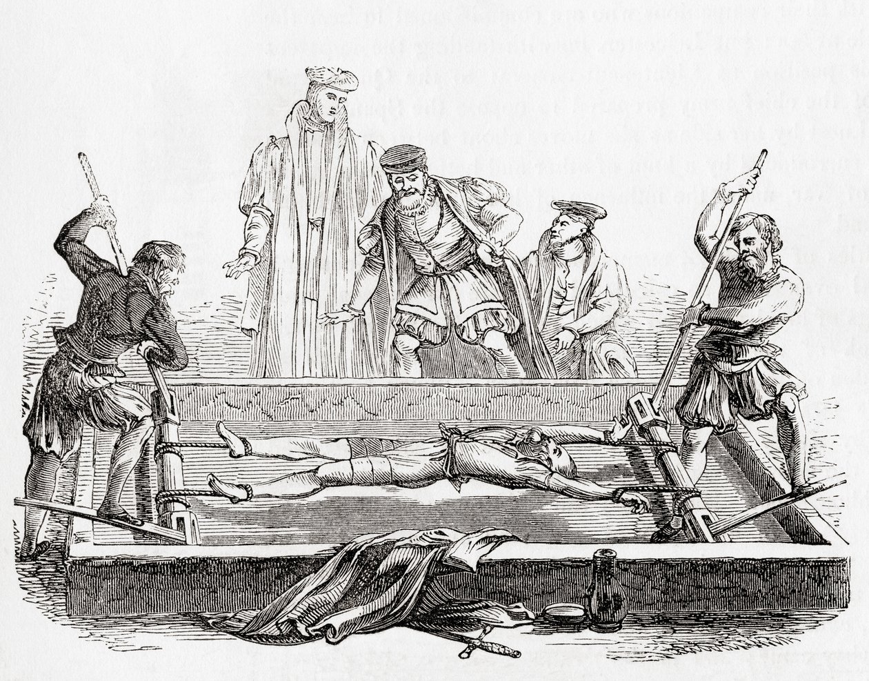 Cuthbert Simpson, também Symson, Simson ou Symion, torturado no rack da Torre de Londres, durante a perseguição mariana de 1558, da Old England: A Pictorial Museum, pub. 1847 de English School