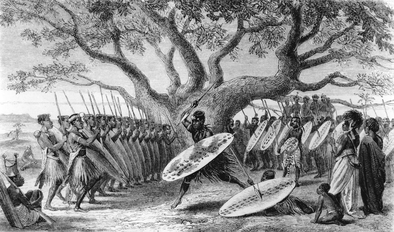 Dança dos Landeens, ou Zulus, Chegou ao Shupanga para levantar o Tributo Anual dos Portugueses, gravado por Josiah Wood Whymper (1813-1903) de English School