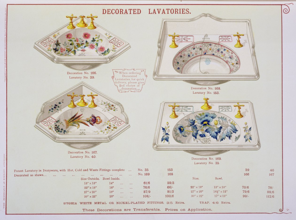 Lavatórios decorados de um catálogo de artigos sanitários produzidos por Morrison, Ingram & Co., Manchester, publicado c.1890 de English School
