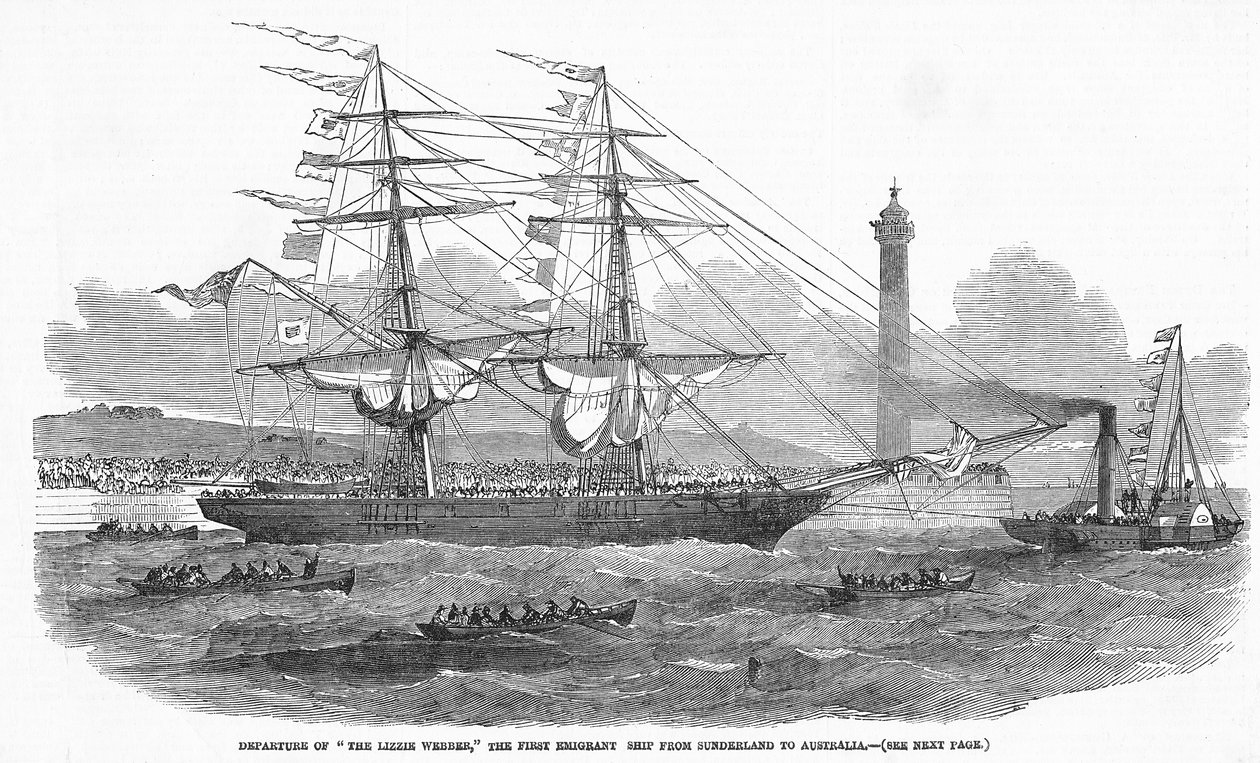 Partida de &39;The Lizzie Webber&39;, o primeiro navio de emigrantes de Sunderland para a Austrália, de &39;The Illustrated London News&39;, 7 de agosto de 1852 de English School
