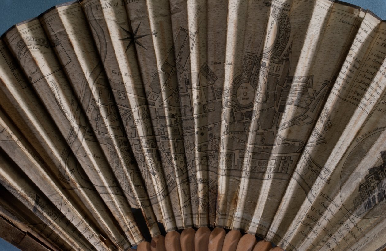 Detalhe, de, um, ventilador, descrevendo, um, mapa, de, banho, c.1790, (printed, paper, leaf & wood) de English School