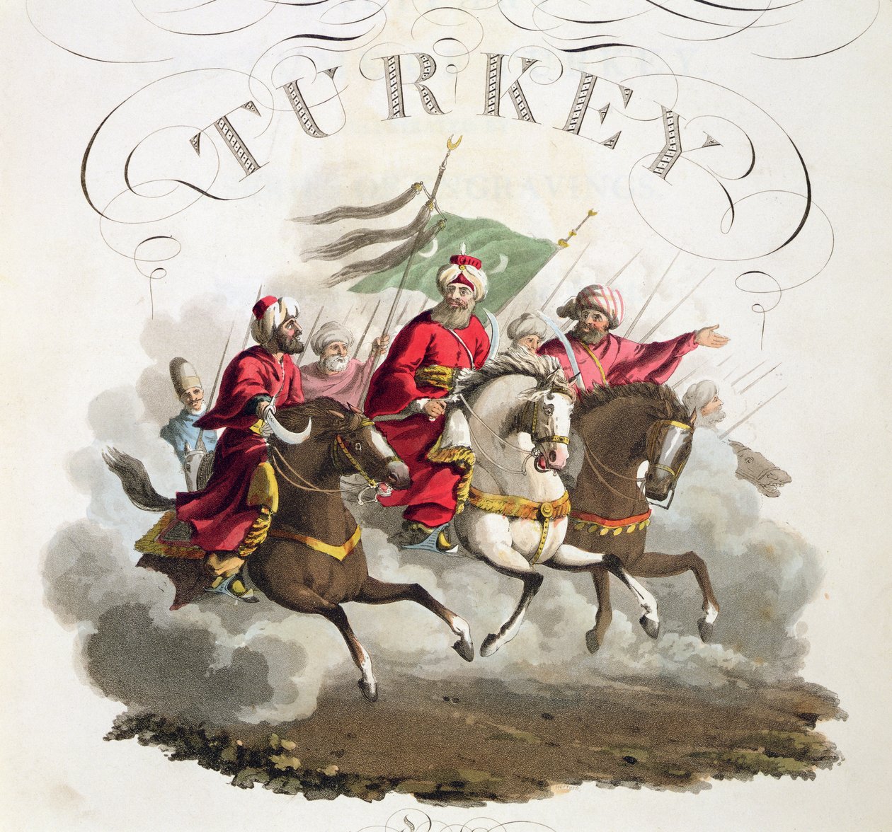 Detalhe da página de título, de trajes das várias nações, volume VII, o traje militar da Turquia, por Thomas MacLean, publicado c.1800-18 (aquatint de cor de mão) de English School