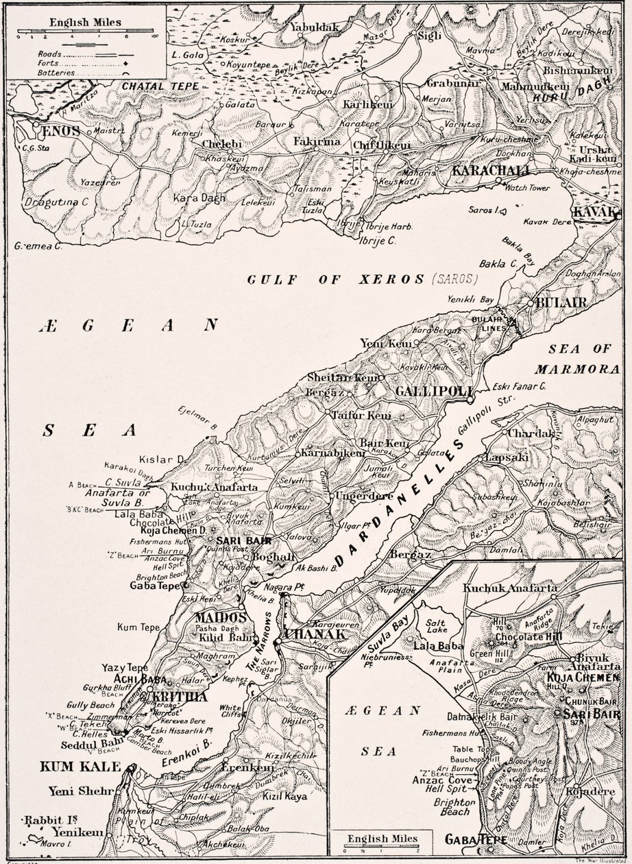 Mapa detalhado da Península de Gallipoli e a Turquia de Dardanelos, 1915, de &39;The War Illustrated Album deLuxe&39;, publicado em Londres, 1916 de English School