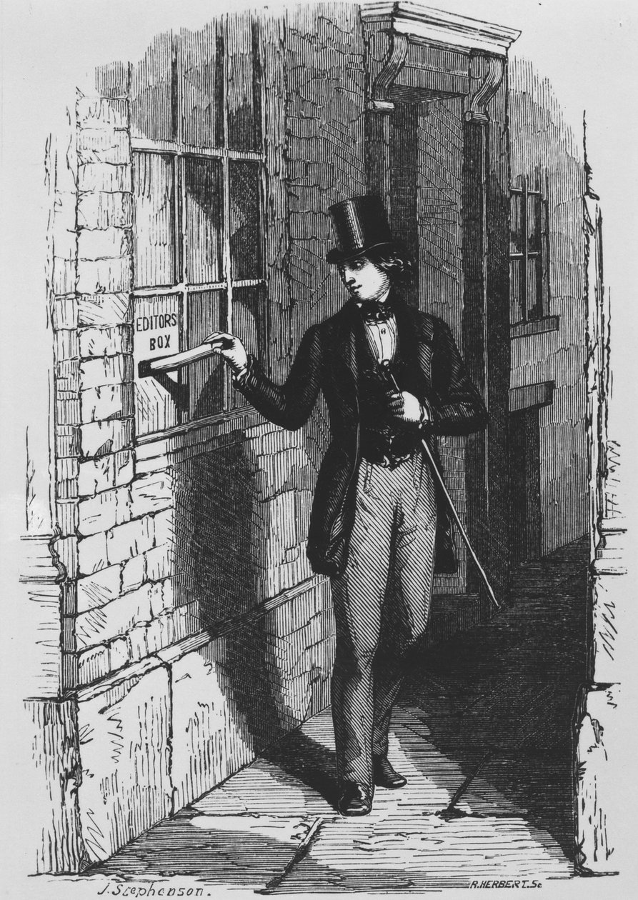 Dickens colocando sua primeira contribuição literária na caixa do editor de English School
