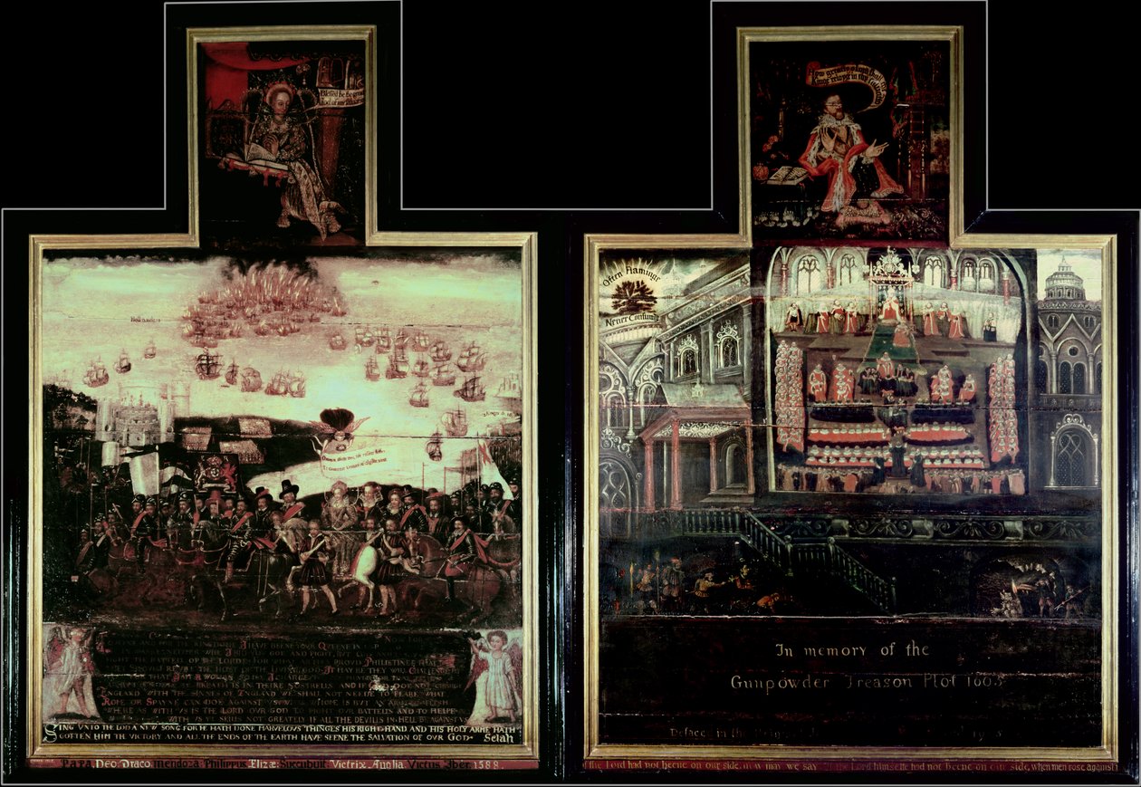 Diptych representando a chegada da rainha Elizabeth I (1530-1603) em Tilbury, a derrota da armada espanhola e o lote de pólvora de English School