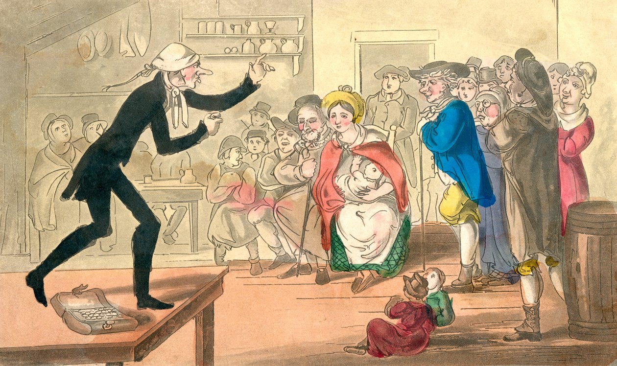 Dr. Comicus Vendendo suas Pílulas, de As Aventuras do Dr. Comicus ou Os Frolicks of Fortune, publicado c.1815 (aquatinta colorido à mão) de English School