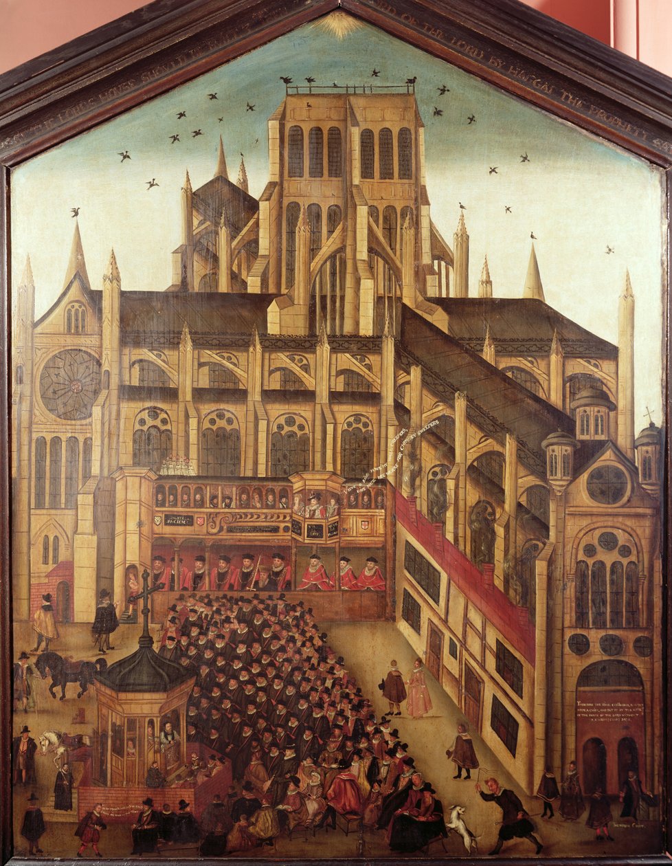 Sermão do Dr. J. King na Catedral de St. Pauls em 1616, 1624 (óleo sobre madeira) de English School