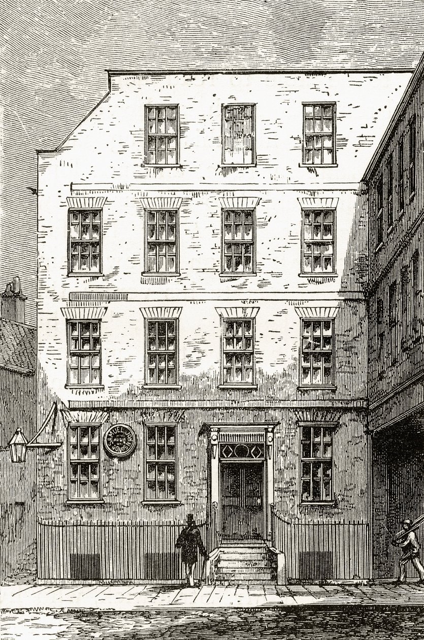 A casa do Dr. Samuel Johnson na 17 Gough Square, da &39;London Pictures: Drawn with Pen and Pencil&39;, do Rev. Richard Lovett, publicada em 1890 de English School