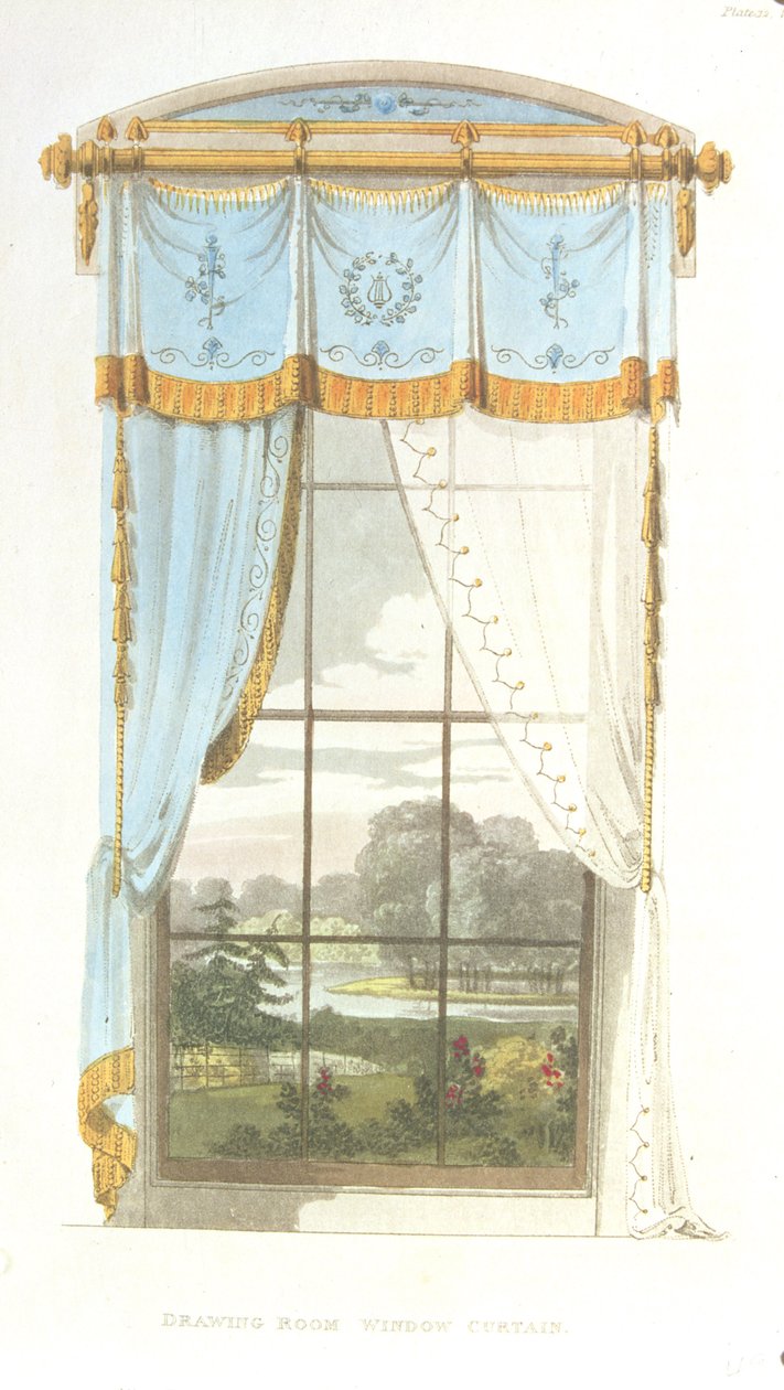 Cortina da janela da sala de estar, placa 72 de Ackermanns Repository of Arts, publicada em 1815 de English School