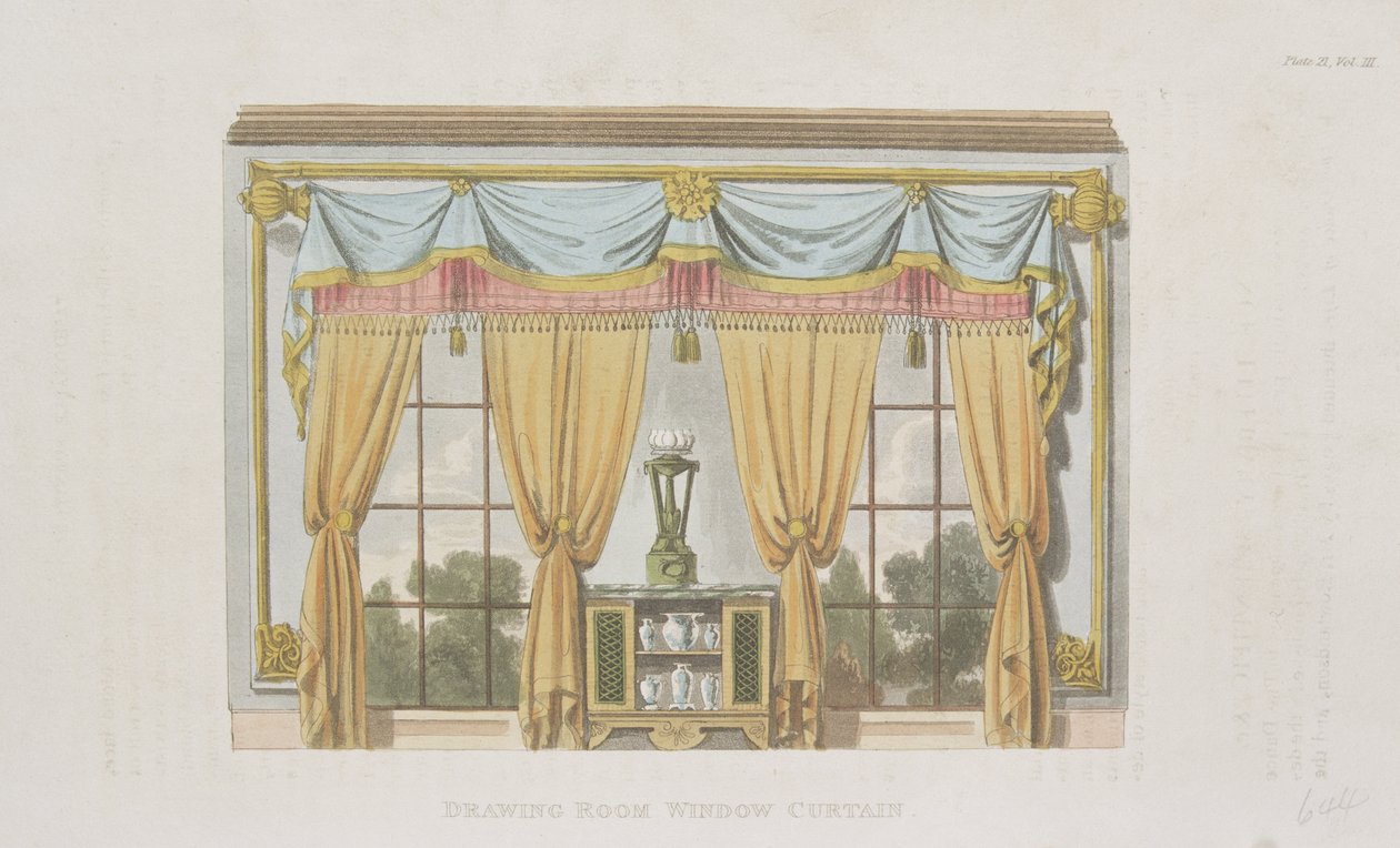 Cortina de janela de sala de desenho, placa 93 de Ackermanns Repository of Arts, publicada em 1817 de English School