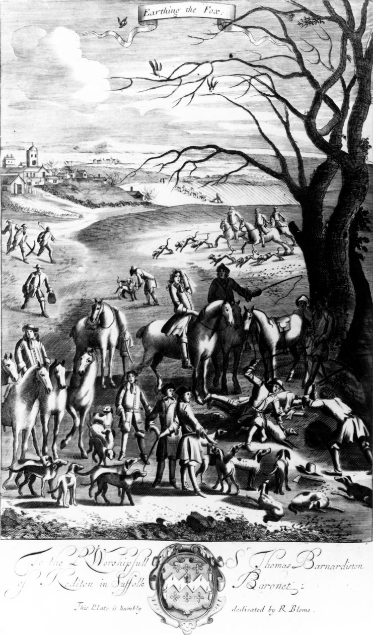 Aterrando a raposa, ilustração de "Recreação do cavalheiro", publicada por Richard Blome, 1686 de English School