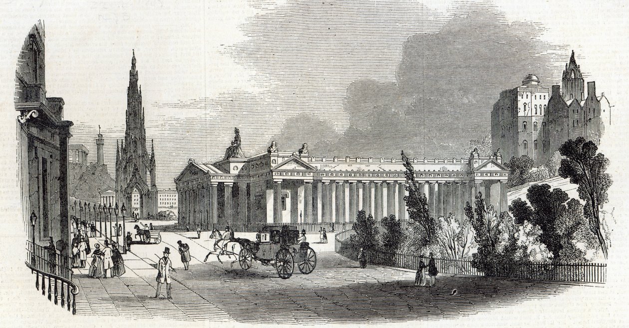 Edimburgo: Royal Institution e Scott Monument, de &39;The Illustrated London News&39;, 22 de fevereiro de 1845 de English School