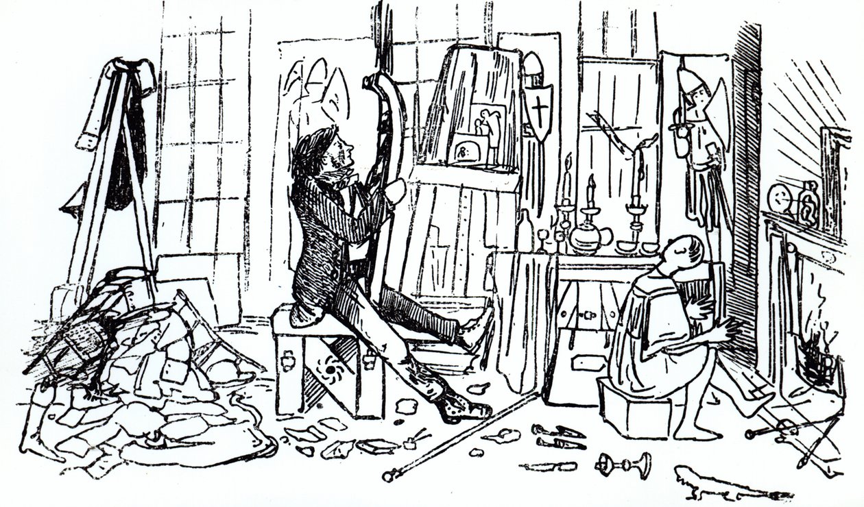Edward Burne-Jones no trabalho em seu estúdio em 17 Red Lion Square, Londres, c.1857 (caneta e tinta) (bw print) de English School